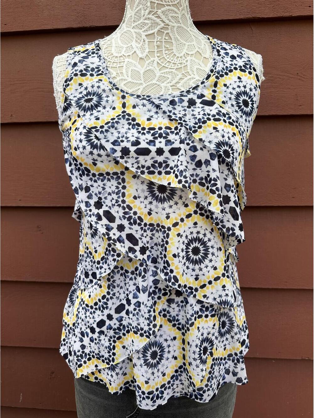 Roz & Ali Sleeveless Patterned Ruffle Top